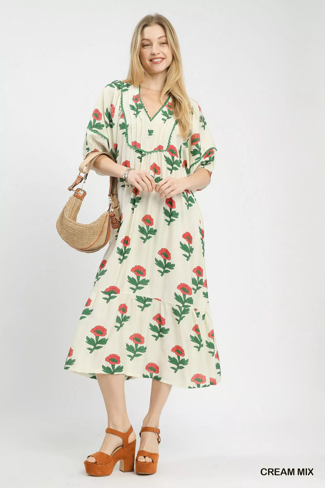 Cream floral midi dress with V-neck and ruffled trim, A-line silhouette, flutter sleeves