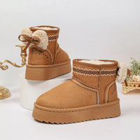 Camel suede platform boots with round toe, shearling collar, zigzag detail, chunky sole