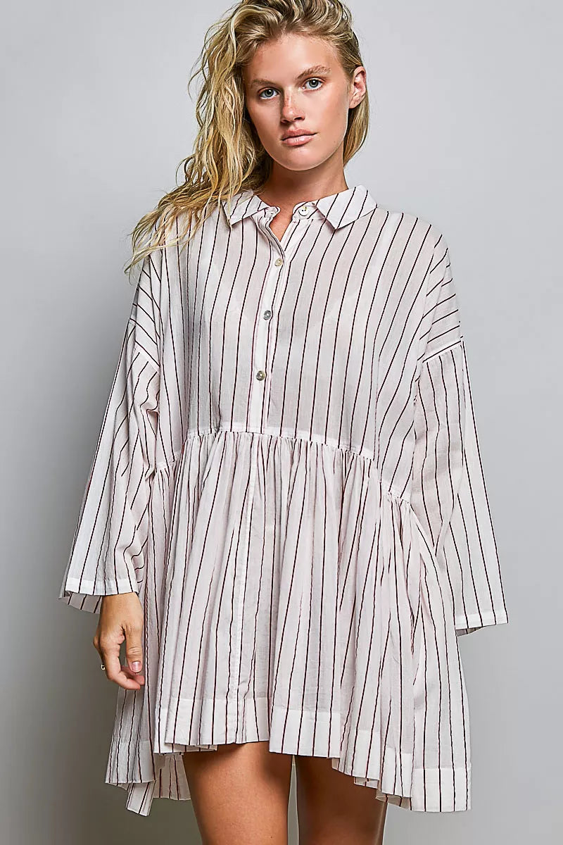 Striped woven shirt dress with collared button front, gathered waist, and long sleeves