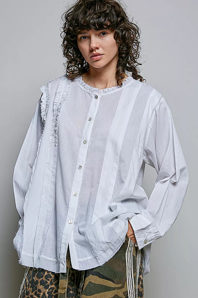 Ivory lightweight woven shirt with ruffle trim round neck and button front