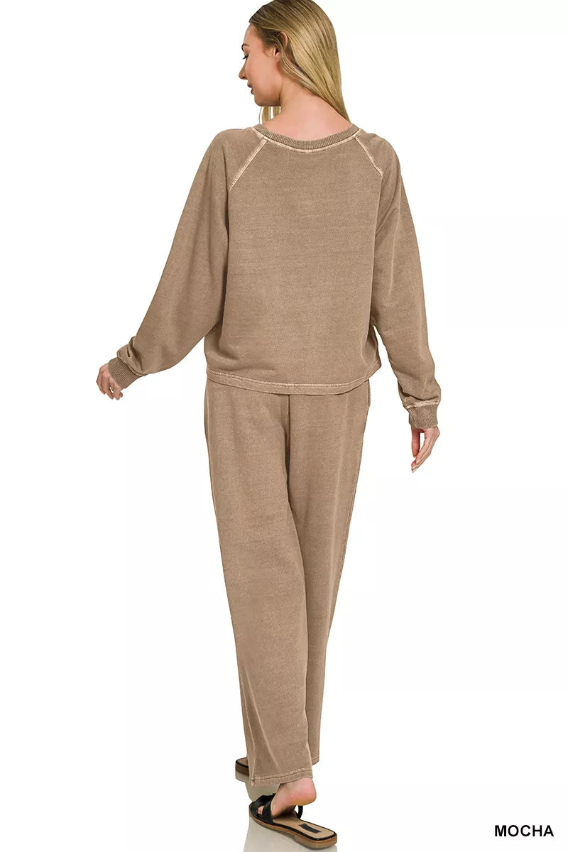 Mocha lounge set: crewneck long-sleeve pullover with matching straight pants