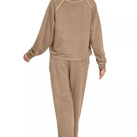 Mocha lounge set: crewneck long-sleeve pullover with matching straight pants