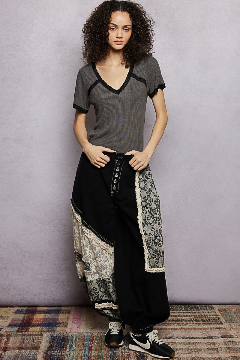Charcoal textured V-neck T-shirt with black lace trim at neckline and sleeve edges