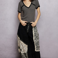 Charcoal textured V-neck T-shirt with black lace trim at neckline and sleeve edges