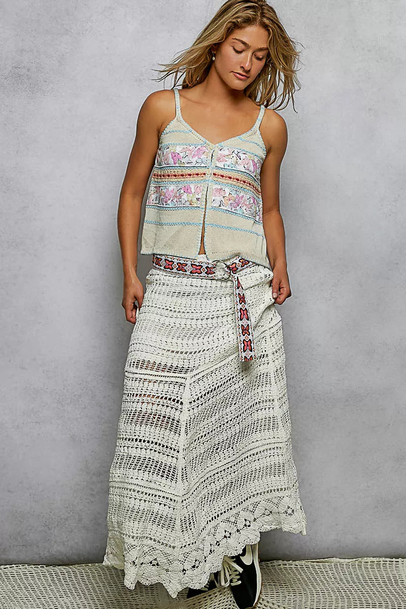 Cream and blue printed cami with V-neck, front buttons, and tassel drawstrings