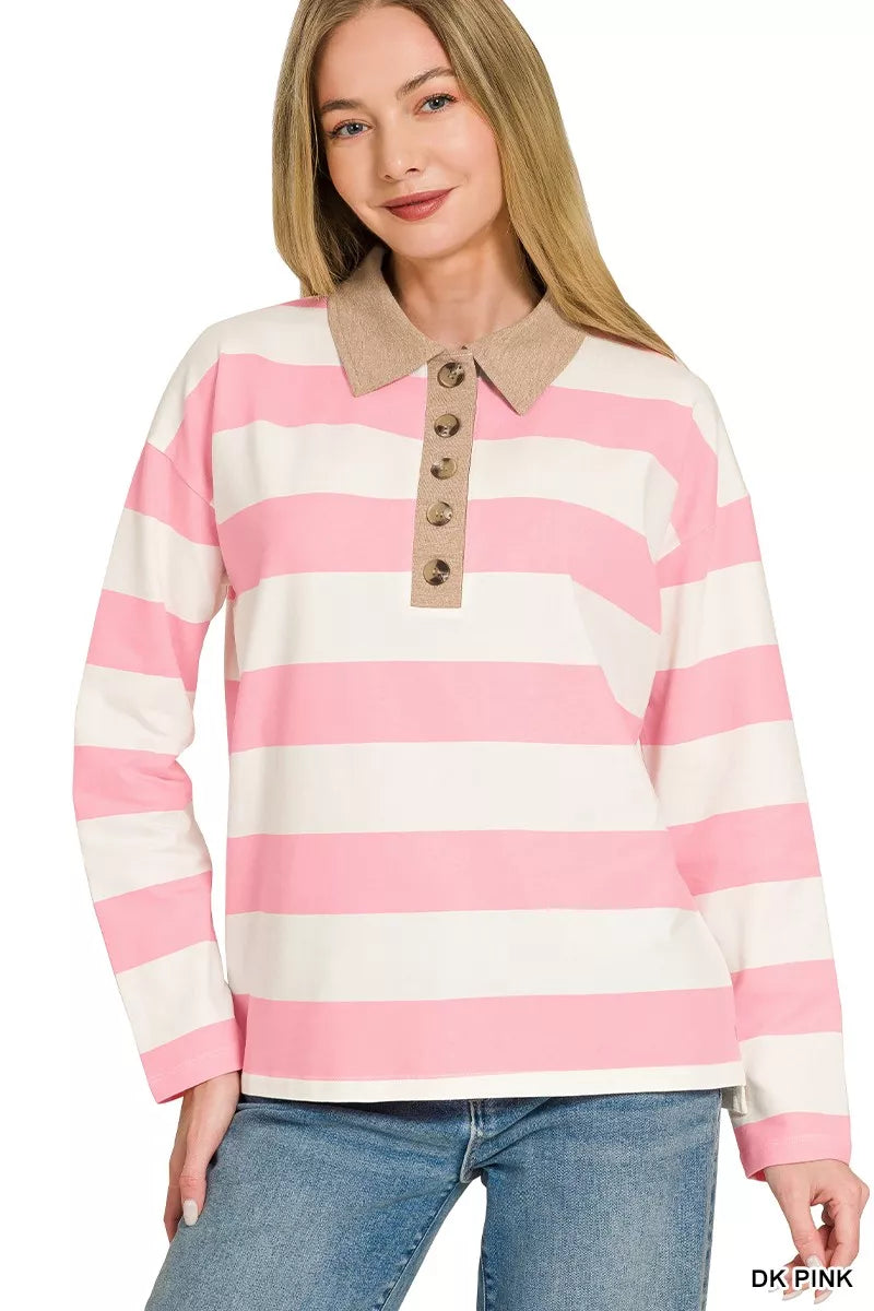 Pink striped long-sleeve polo shirt with contrast collar and button placket