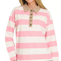 Pink striped long-sleeve polo shirt with contrast collar and button placket