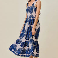Navy abstract print tiered midi dress, smocked bodice, ruffled straps and lining