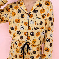 Gold Halloween pumpkin print lounge set, long-sleeve button top with drawstring waist