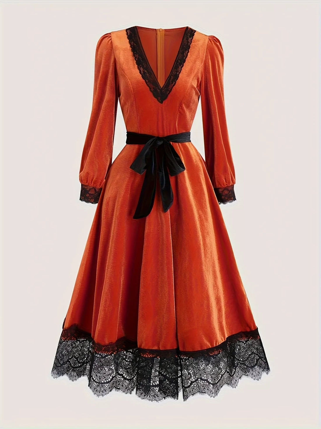 Orange-red velvet V-neck midi dress with black lace trim, waist tie bow, three-quarter sleeves