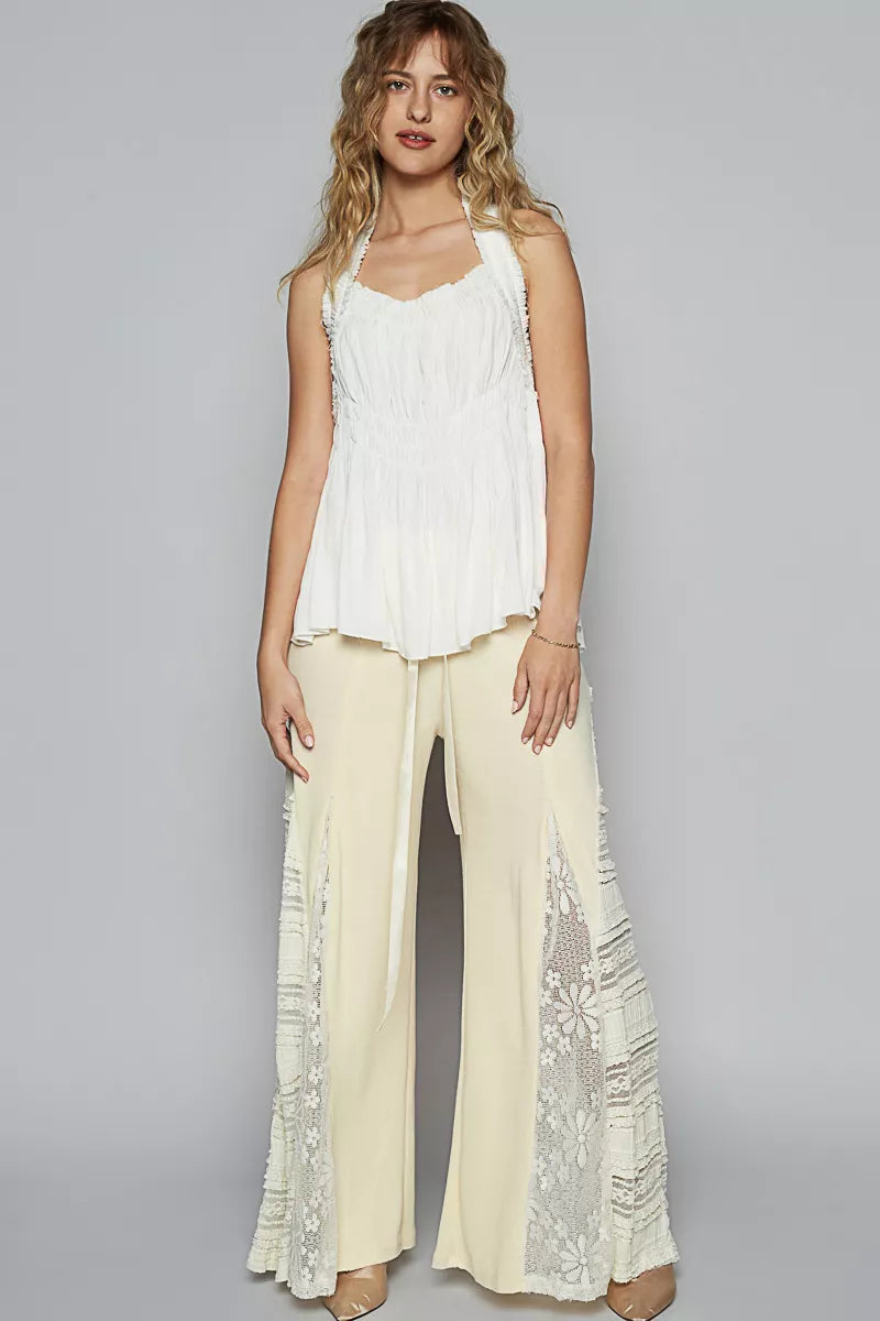 Off-white halter sleeveless top with gathered smocking shirring detail