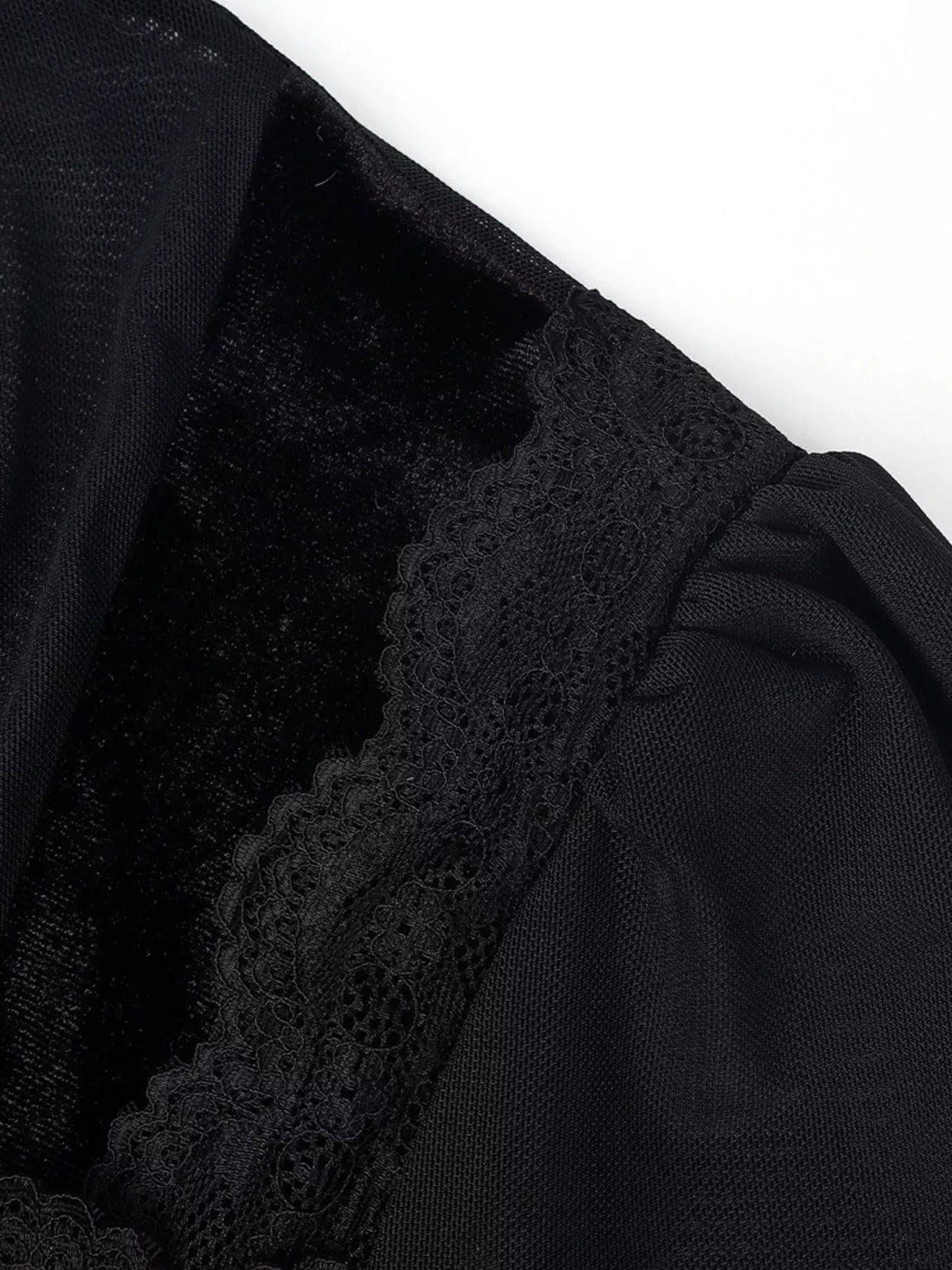 Black lace-trim panel detail on velvet corset-style blouse with sheer sleeve fabric