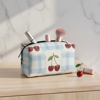 Blue Gingham Makeup Bag | Personalized Leather Boxy Cosmetic Case | Travel Organizer