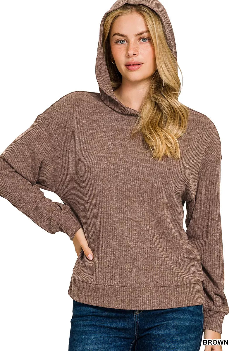Brown ribbed long sleeve hoodie with hood and kangaroo pocket, ribbed cuffs