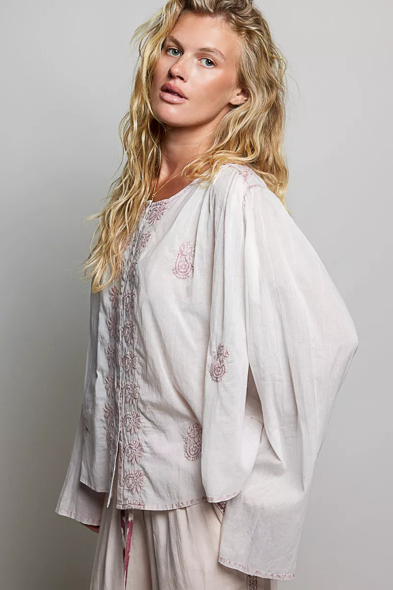 Embroidered gathered-shoulder long-sleeve shirt in off-white with blush floral embroidery