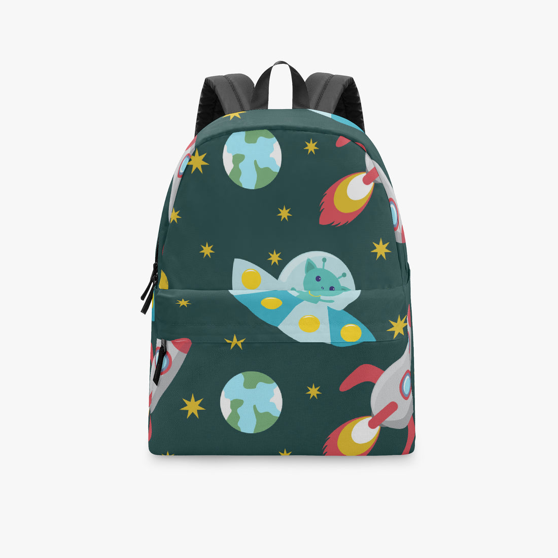 Dark green canvas backpack with space rocket, planets, and stars graphic; padded shoulder straps.
