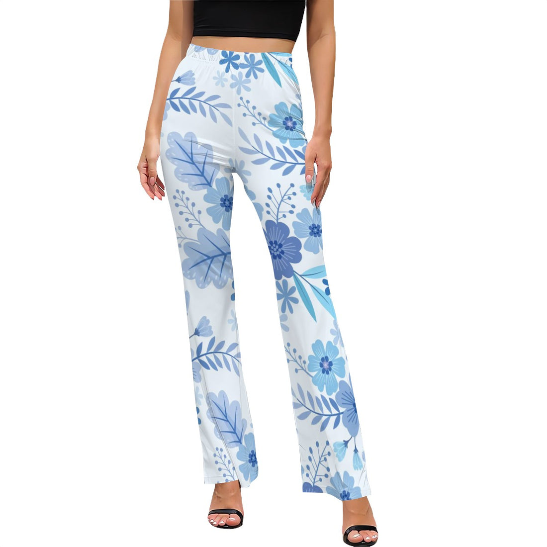 Blue Floral Print High Waist Flared Pants Women’s Botanical Summer Trousers