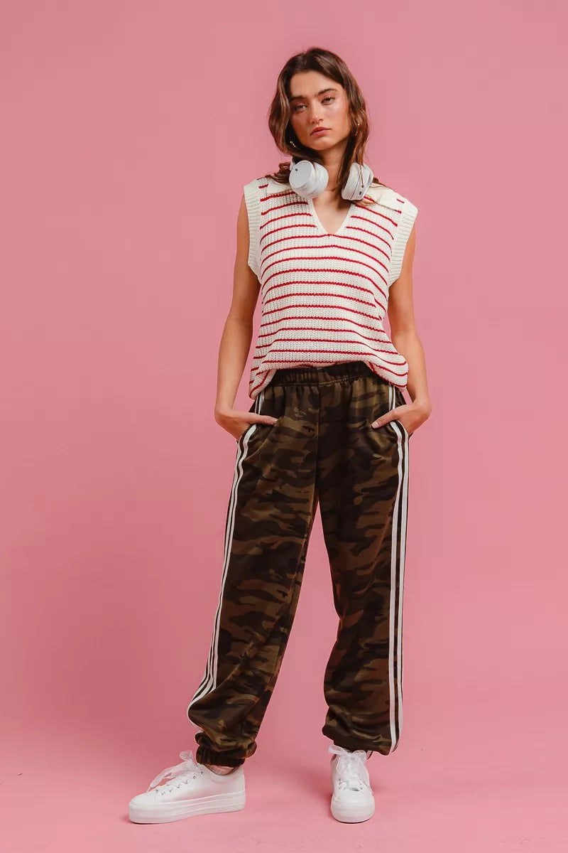 Camouflage track pants with white side stripes, relaxed fit, elastic ankle cuffs.