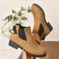 Tan suede ankle boots with round toe, block heel, and jeweled bow ankle detail