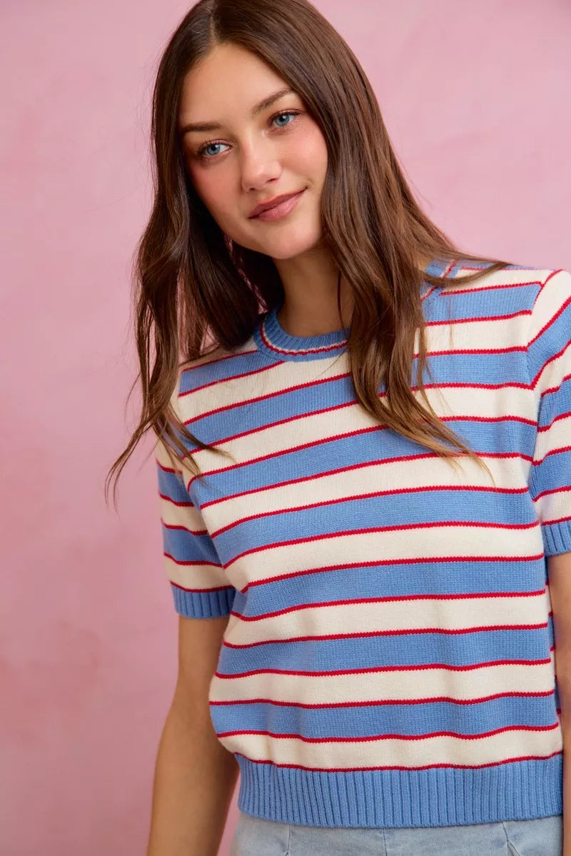 Striped knit crew neck short-sleeve sweater top in blue, red, and white with ribbed edging