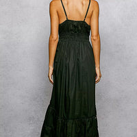 Black smocked-waist cami midi dress, back view with tiered ruffle hem