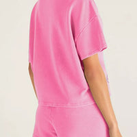 Fuchsia pink short-sleeve tee and drawstring shorts set, plain back view