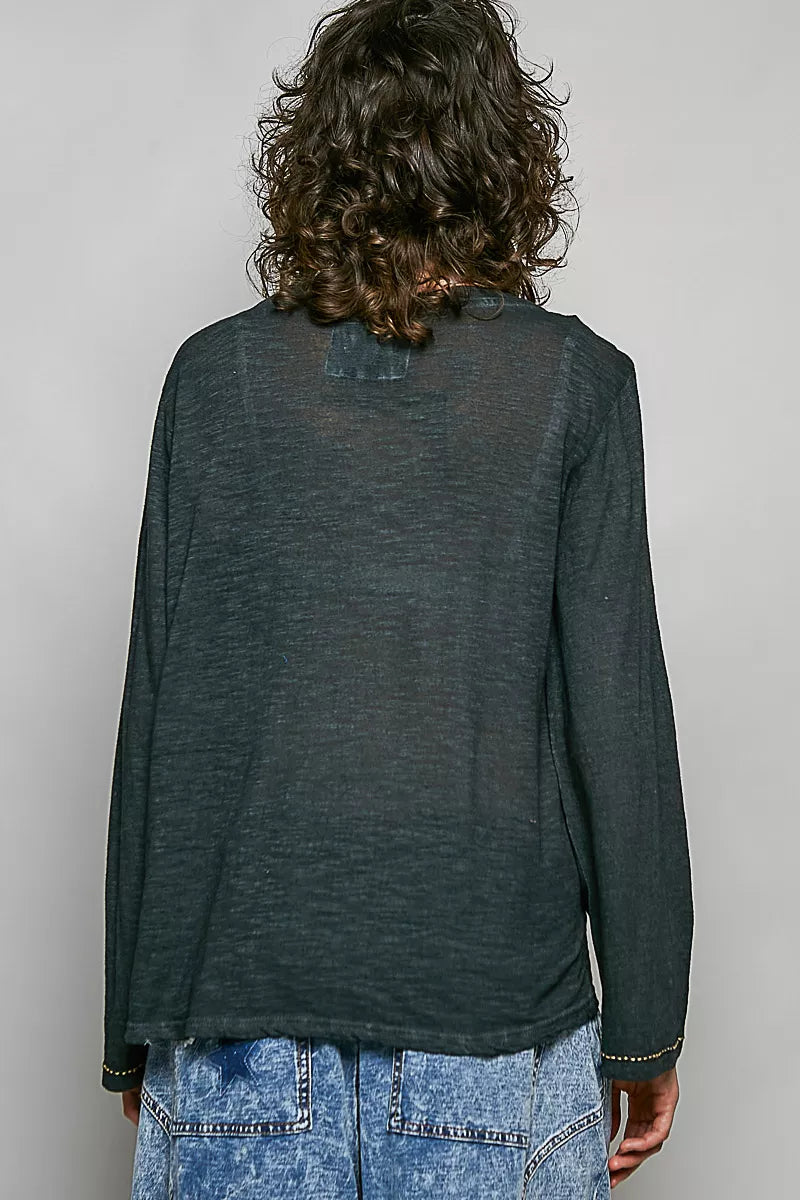 Dark green lightweight knit V-neck long sleeve top with contrast trim, back view