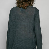 Dark green lightweight knit V-neck long sleeve top with contrast trim, back view