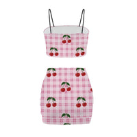 Pink and White Gingham with Cherries Co Ord Set - Women's Crop Tank Top & Mini Skirt Two-Piece