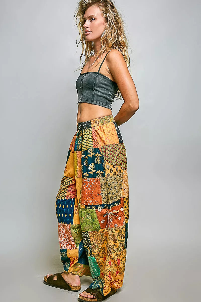 Printed wide-leg patchwork pants in honey multi with side drawstring ties