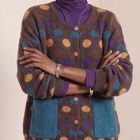 Plus-size brown polka-dot button cardigan with two blue patch pockets, ribbed hem and cuffs