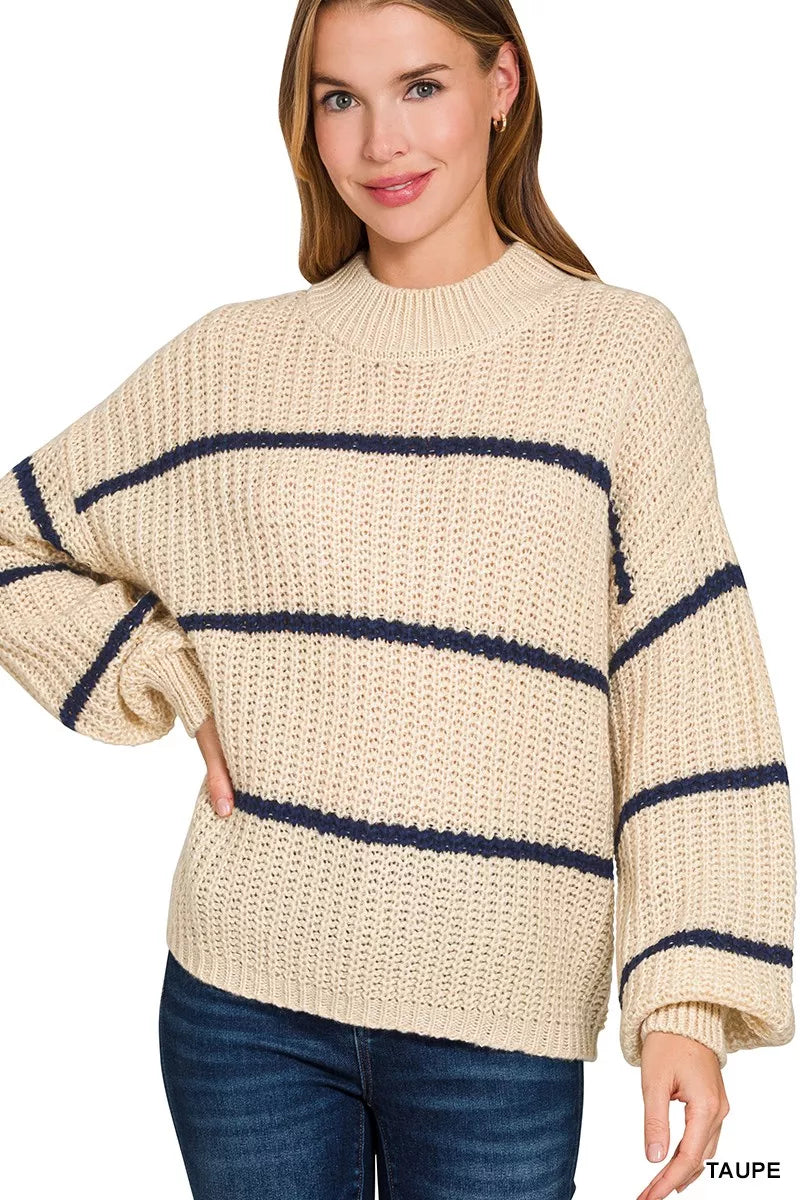 Taupe oversize striped sweater, navy stripes across chest and ribbed crew neckline