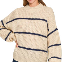 Taupe oversize striped sweater, navy stripes across chest and ribbed crew neckline