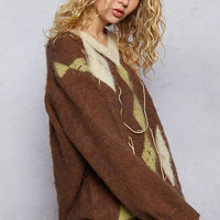 Women's mohair V-neck argyle sweater, brown with cream and green diamond pattern and seam detail