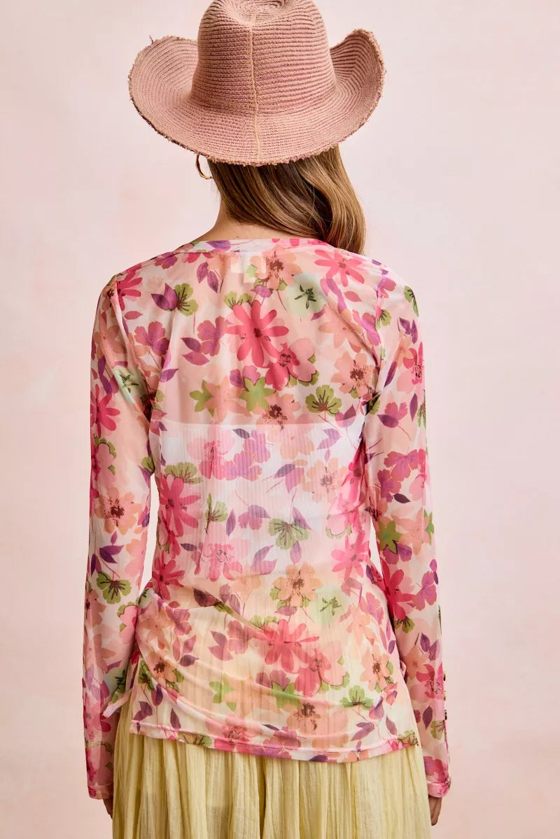 Back view of pink multi floral mesh cardigan top with button placket and V-neck