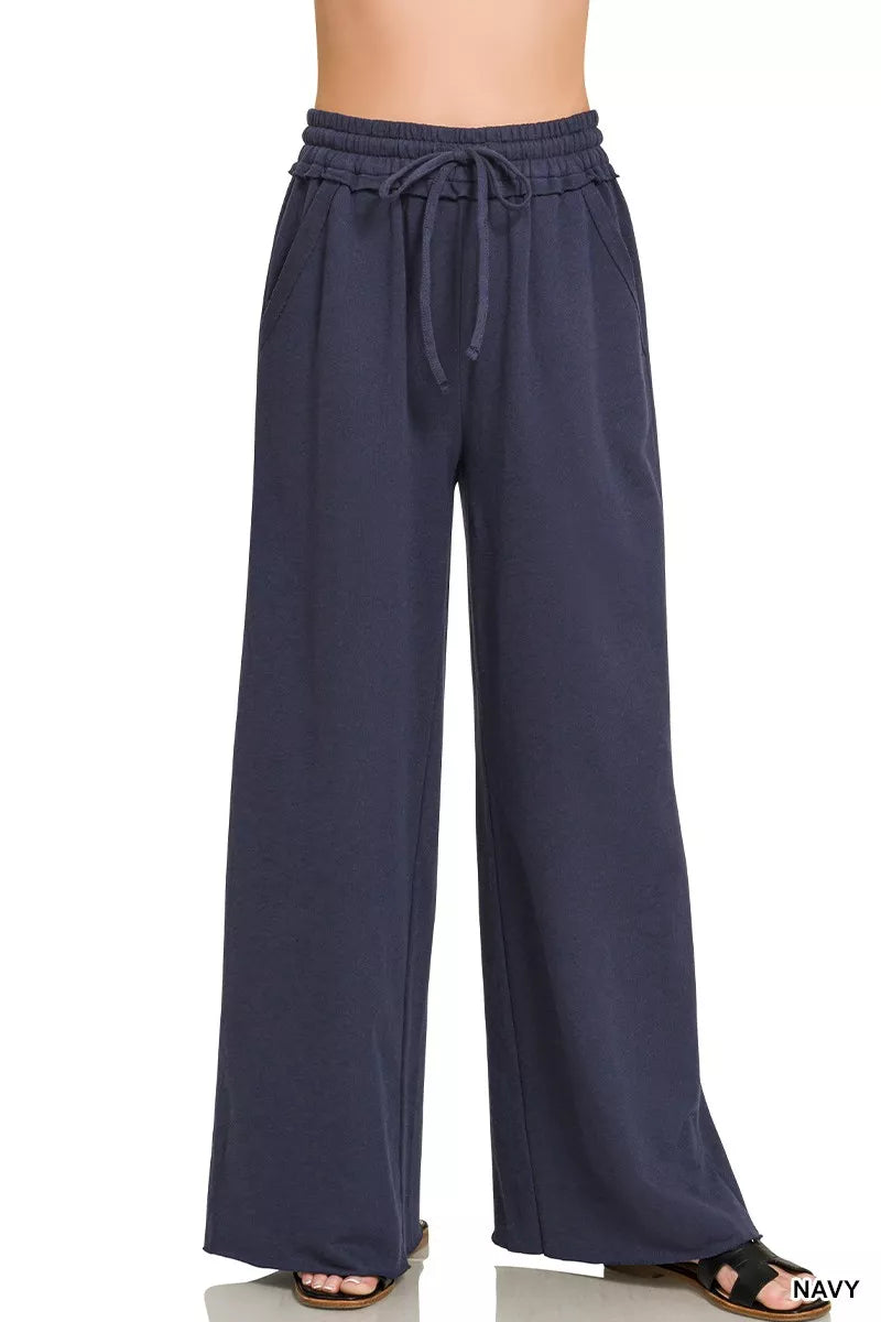 Navy drawstring French terry wide-leg sweatpants with elastic waistband