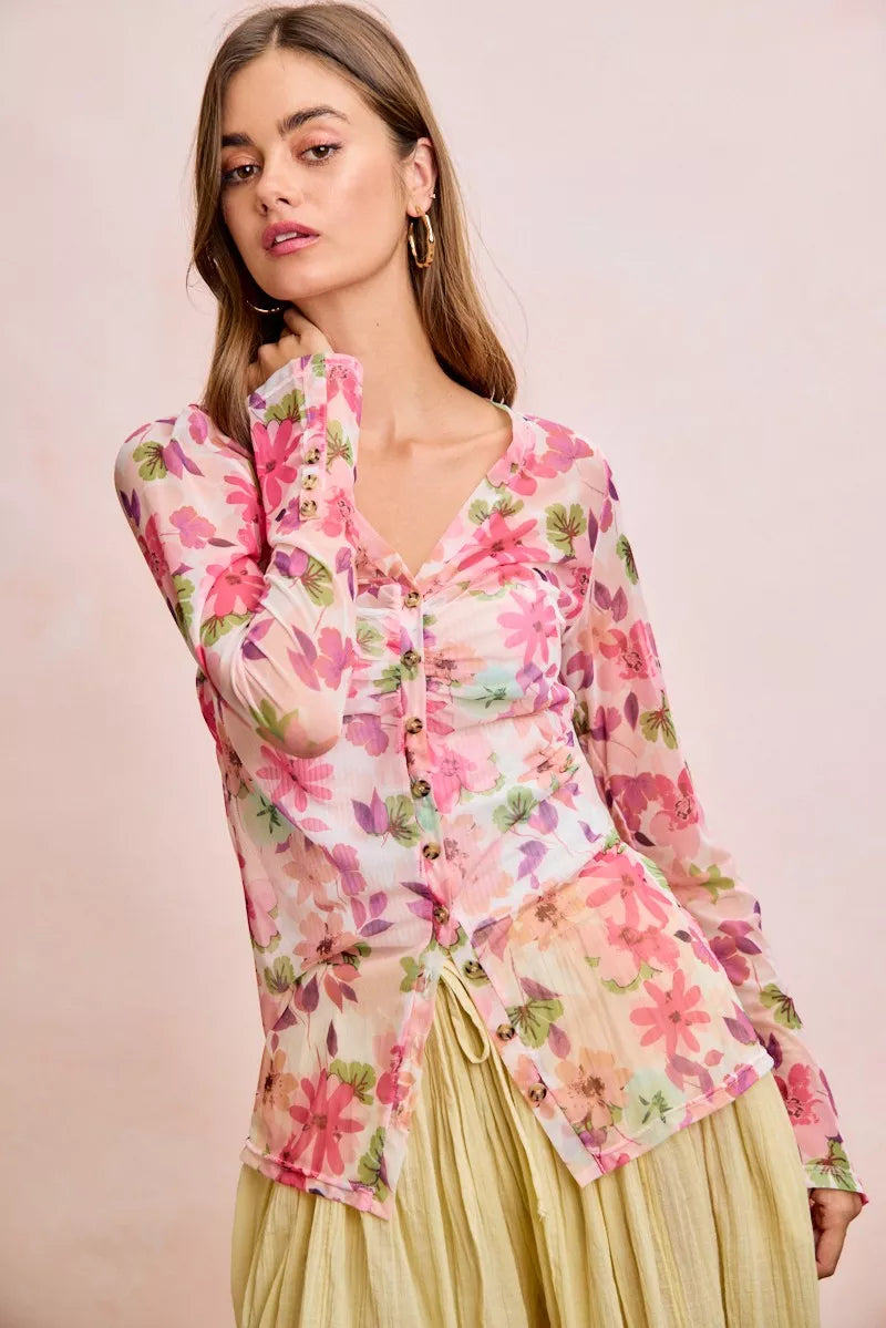 Floral mesh button-up cardigan top with shirred detail, pink floral, V-neck, long sleeves