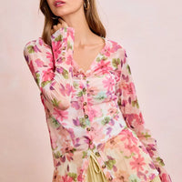 Floral mesh button-up cardigan top with shirred detail, pink floral, V-neck, long sleeves
