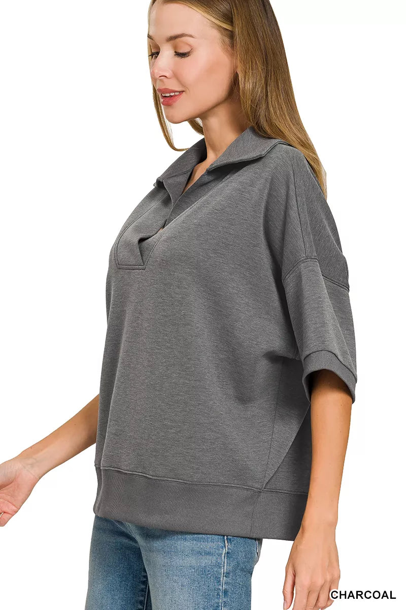 Charcoal collared short-sleeve pullover with relaxed fit