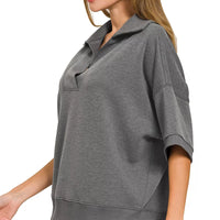 Charcoal collared short-sleeve pullover with relaxed fit