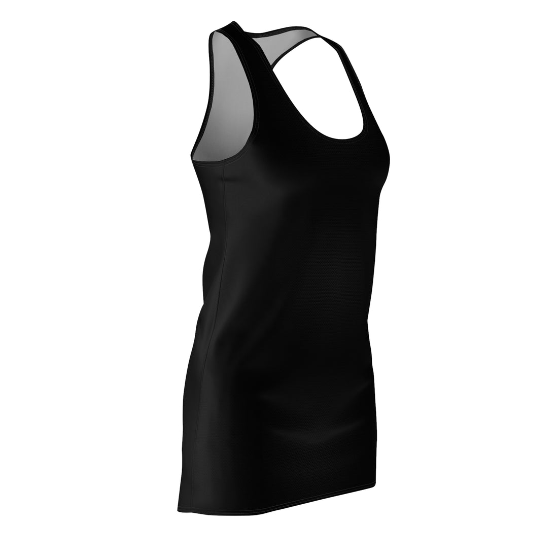 Black racerback sleeveless mini dress with scoop back and racer tank straps