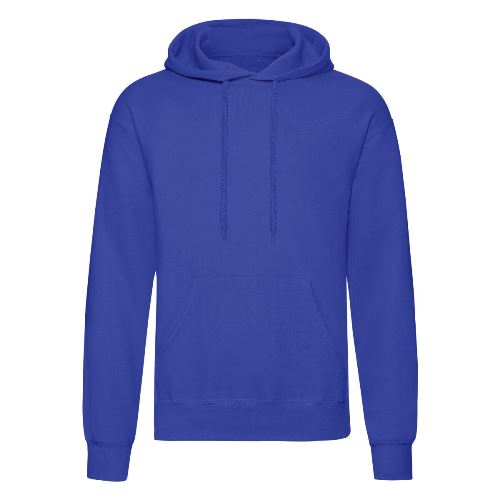 Royal blue pullover hoodie with drawstring hood and front kangaroo pocket