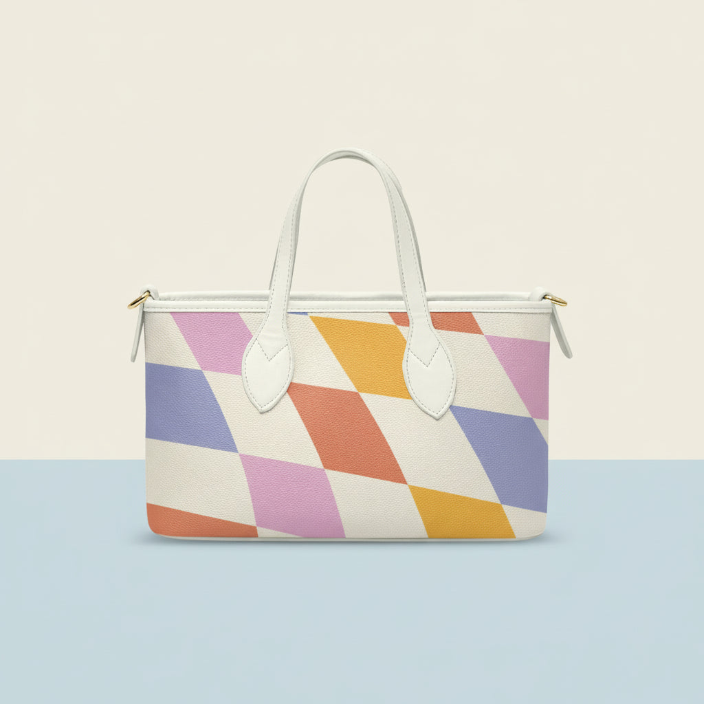 Checkered Tote Bag | Small Multicolor Retro Wavy Leather Bag
