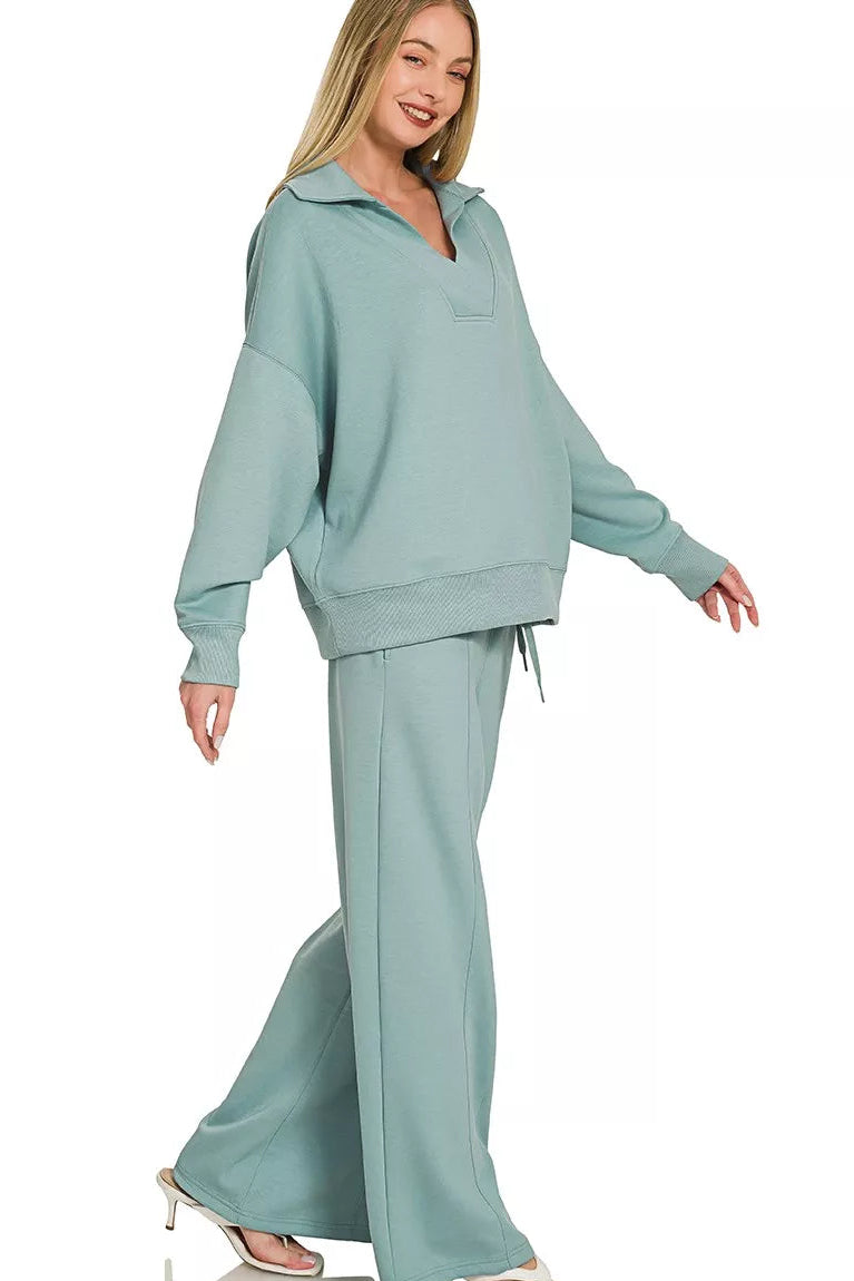 Blue grey collared pullover and wide-leg center-seam pants set, relaxed fit