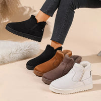 Plush-lined winter ankle boots in black, tan, brown, and white with faux fur trim