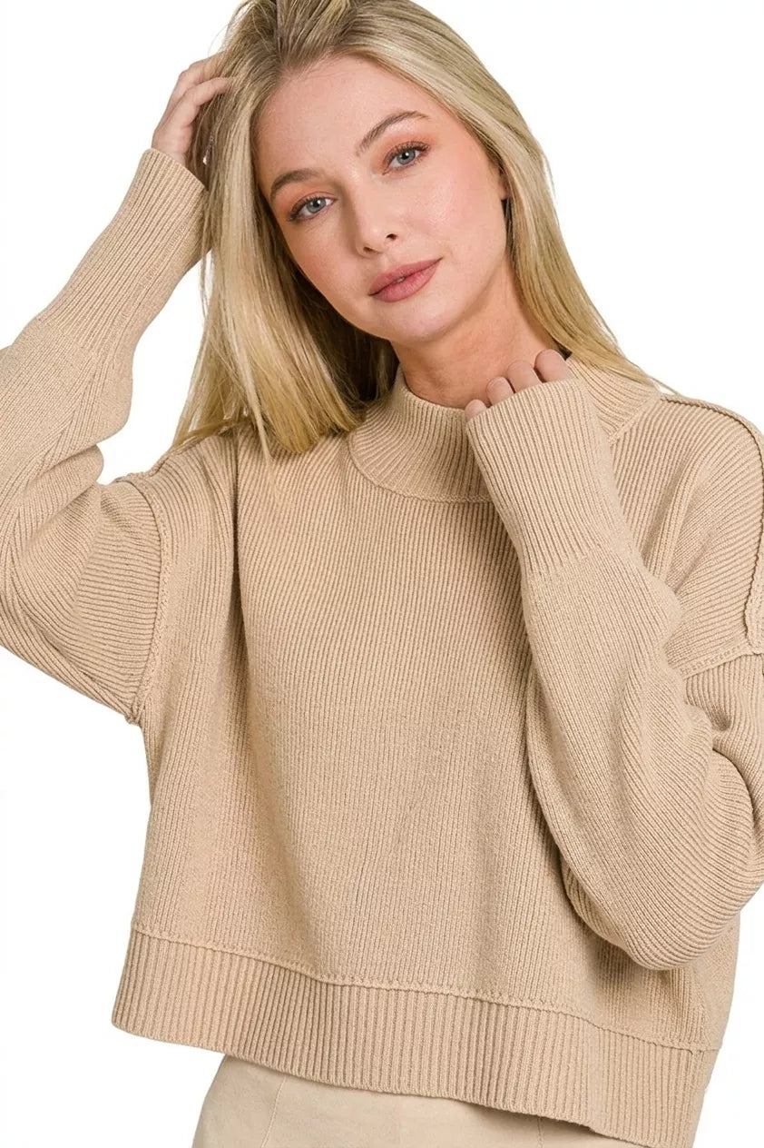 Light mocha oversized cropped sweater, ribbed mock neck and long sleeves