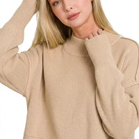 Light mocha oversized cropped sweater, ribbed mock neck and long sleeves