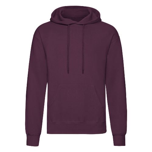 Dark purple pullover hoodie with hood and drawstring, front pouch pocket