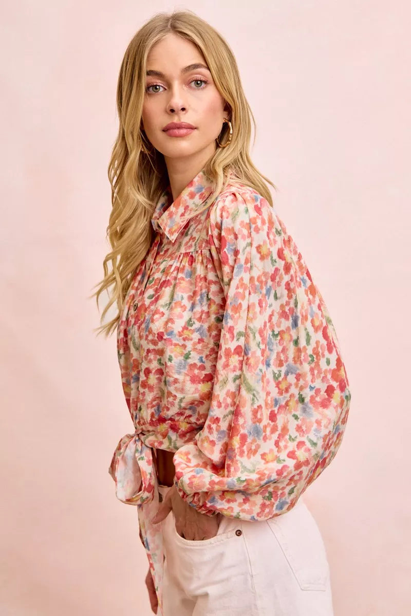 Floral print crop shirt with standing collar, button front, and tied hem