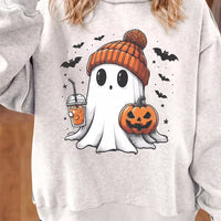 Reversible white mock neck tunic sweatshirt with ghost holding orange jack-o-lantern graphic